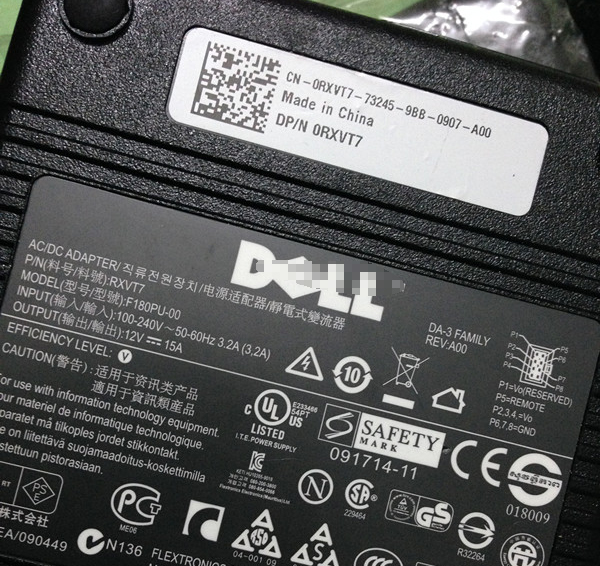 Dell 12V 15A 180W 8HOLE AC Adapter, Genuine Dell 180W 12V 15A Adapter 